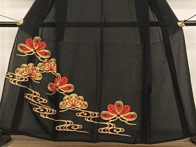 平和屋着物＊夏物　黒留袖　絽　総駒刺繍　流水松文　金糸　洗える着物　BAAY4181hv