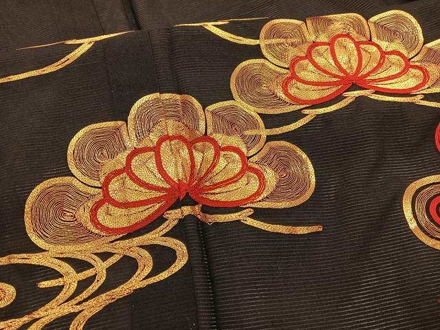 平和屋着物＊夏物　黒留袖　絽　総駒刺繍　流水松文　金糸　洗える着物　BAAY4181hv