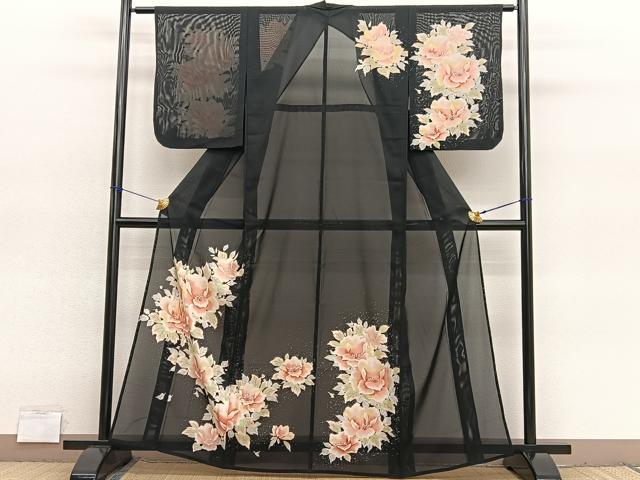 平和屋着物＊夏物　訪問着　絽　牡丹　黒地　洗える着物　BAAY4183hv