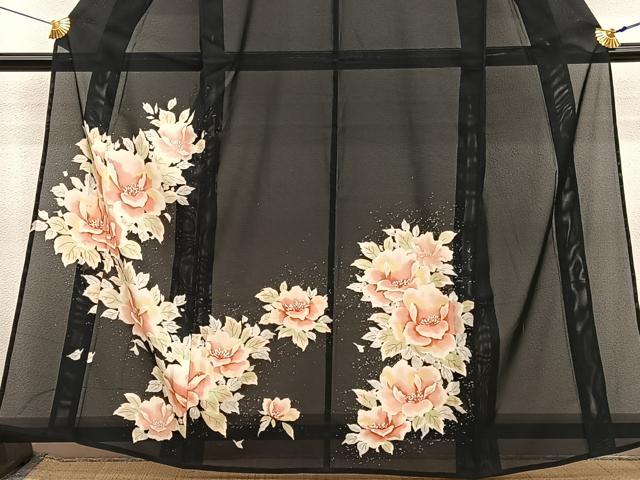 平和屋着物＊夏物　訪問着　絽　牡丹　黒地　洗える着物　BAAY4183hv