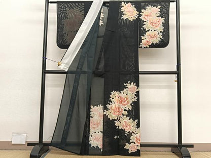平和屋着物＊夏物　訪問着　絽　牡丹　黒地　洗える着物　BAAY4183hv