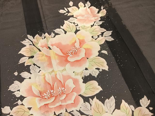 平和屋着物＊夏物　訪問着　絽　牡丹　黒地　洗える着物　BAAY4183hv