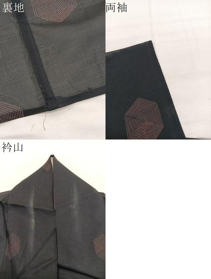平和屋着物＊夏物　小紋　紗　亀甲文　黒地　洗える着物　BAAY4190hv