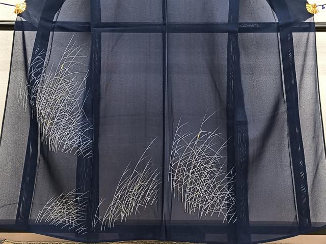 平和屋着物＊夏物　訪問着　絽　刺繍　草葉文　銀糸　正絹　逸品　BAAY4192hv