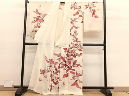 平和屋着物＊夏物　訪問着　絽　枝花文　銀彩　正絹　逸品　BAAY4195hv