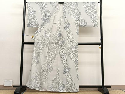 平和屋着物＊夏物　小紋　絽縮緬　牡丹文　洗える着物　BAAY4220hv