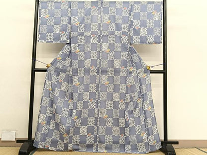 平和屋着物＊夏物　小紋　紗　市松花文　洗える着物　未使用　BAAY4223hv
