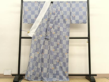 平和屋着物＊夏物　小紋　紗　市松花文　洗える着物　未使用　BAAY4223hv