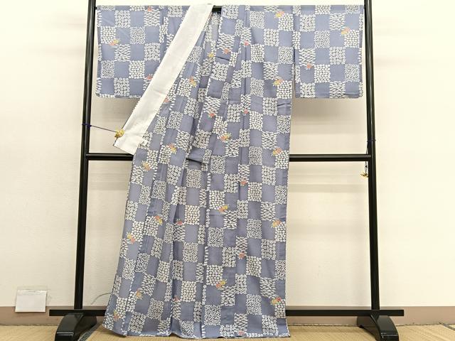 平和屋着物＊夏物　小紋　紗　市松花文　洗える着物　未使用　BAAY4223hv