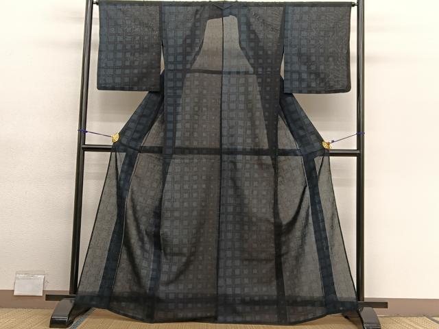 平和屋着物＊夏物　小紋　紗　格子　黒地　洗える着物　BAAY4227hv