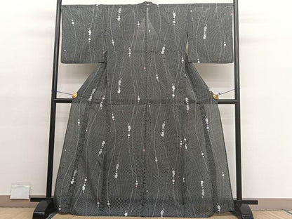 平和屋着物＊夏物　小紋　絽　猫　黒地　洗える着物　BAAY4230hv