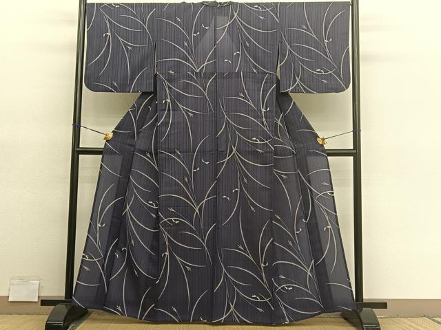 平和屋着物＊夏物　小紋　紗　蜻蛉草葉文　洗える着物　BAAY4236hv