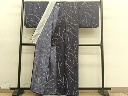 平和屋着物＊夏物　小紋　紗　蜻蛉草葉文　洗える着物　BAAY4236hv
