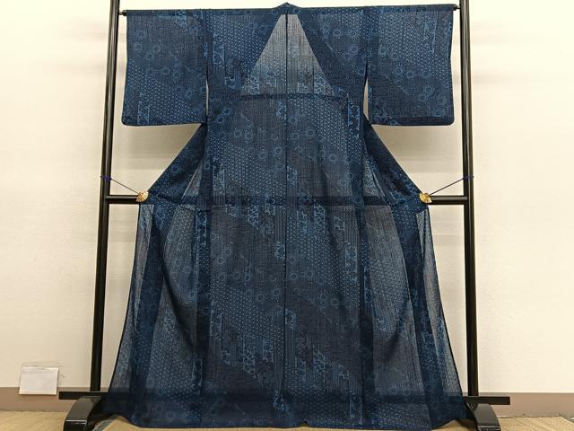 平和屋着物＊夏物　小紋　紗　藍　型染め　流水花文　洗える着物　BAAY4241hv