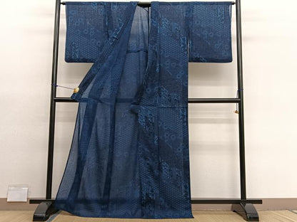 平和屋着物＊夏物　小紋　紗　藍　型染め　流水花文　洗える着物　BAAY4241hv