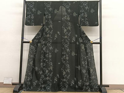 平和屋着物＊夏物　小紋　絽縮緬　更紗花文　黒地　洗える着物　BAAY4259hv
