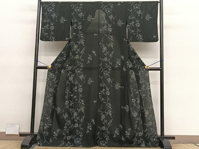 平和屋着物＊夏物　小紋　絽縮緬　更紗花文　黒地　洗える着物　BAAY4259hv