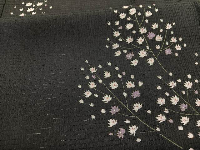 平和屋着物＊夏物　小紋　絽縮緬　枝花文　黒地　高島屋扱い　洗える着物　BAAY4266hv