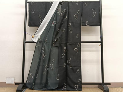 平和屋着物＊夏物　小紋　縦絽　瓢箪　黒地　洗える着物　BAAY4273hv