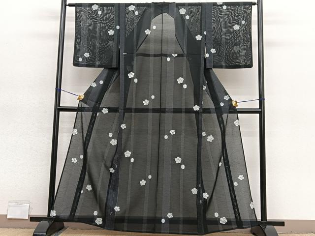 平和屋着物＊夏物　小紋　絽　草花文　黒地　洗える着物　BAAY4275hv
