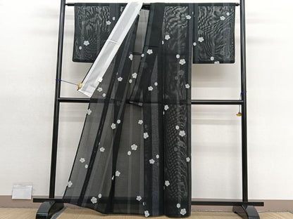 平和屋着物＊夏物　小紋　絽　草花文　黒地　洗える着物　BAAY4275hv