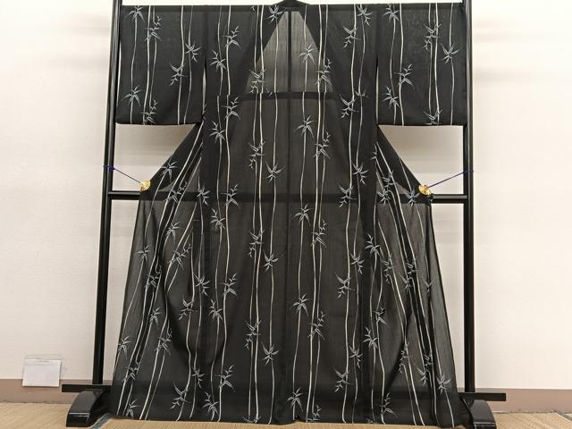 平和屋着物＊夏物　小紋　紗　笹竹文　黒地　洗える着物　BAAY4280hv
