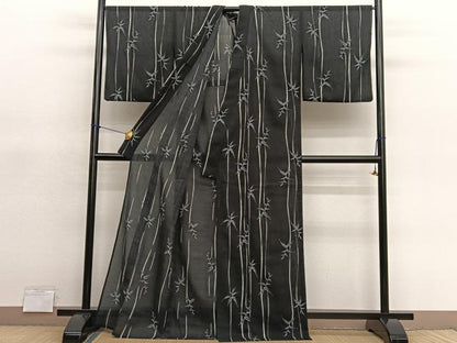 平和屋着物＊夏物　小紋　紗　笹竹文　黒地　洗える着物　BAAY4280hv