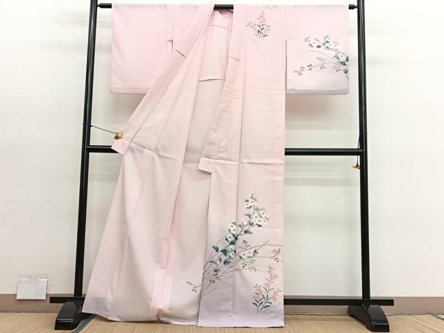平和屋着物＊夏物　訪問着　絽縮緬　手描き　枝花文　暈し染め　洗える着物　BAAY4298hv