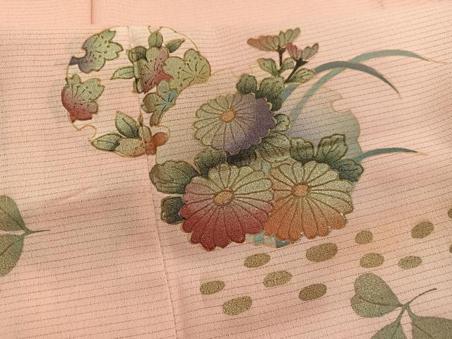 平和屋着物＊夏物　訪問着　絽縮緬　雪輪花文　暈し染め　金彩　洗える着物　BAAY4306hv