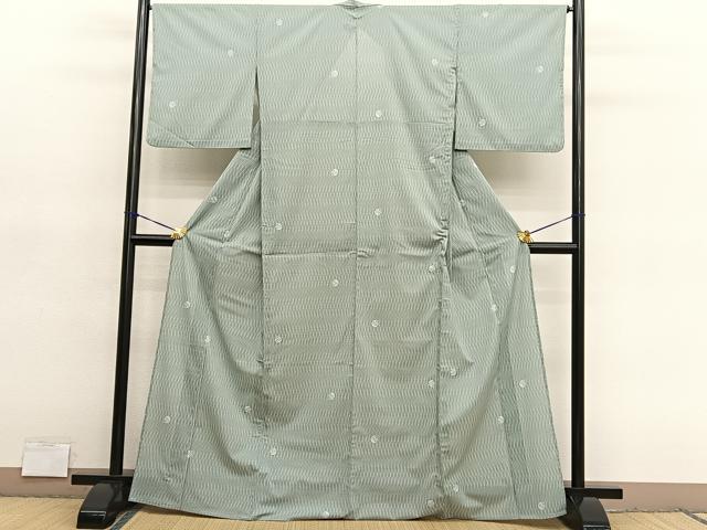 平和屋着物＊夏物　小紋　絽　扇面よろけ縞　洗える着物　BAAY4323hv