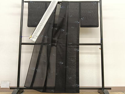 平和屋着物＊夏物　小紋　紗　流水文　黒地　洗える着物　BAAY4330hv