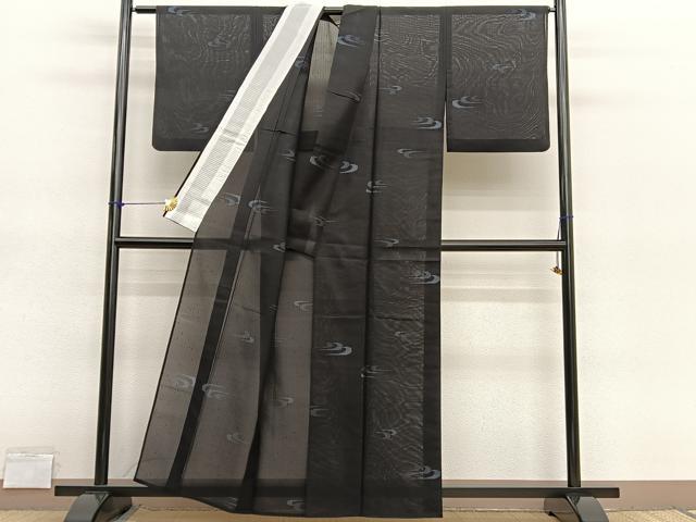 平和屋着物＊夏物　小紋　紗　流水文　黒地　洗える着物　BAAY4330hv