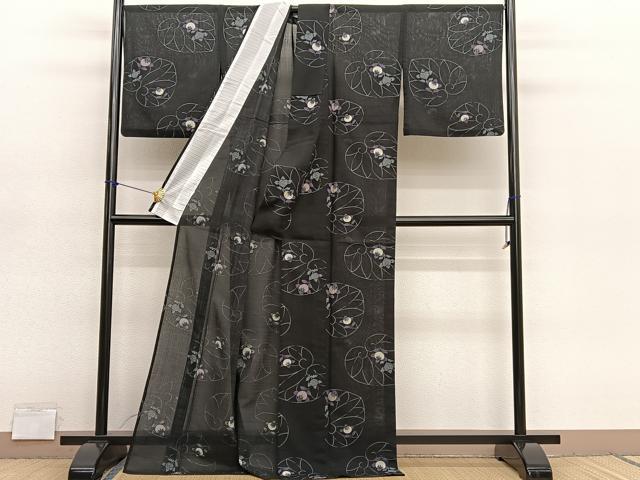 平和屋着物＊夏物　小紋　紗　葵　黒地　洗える着物　BAAY4339hv