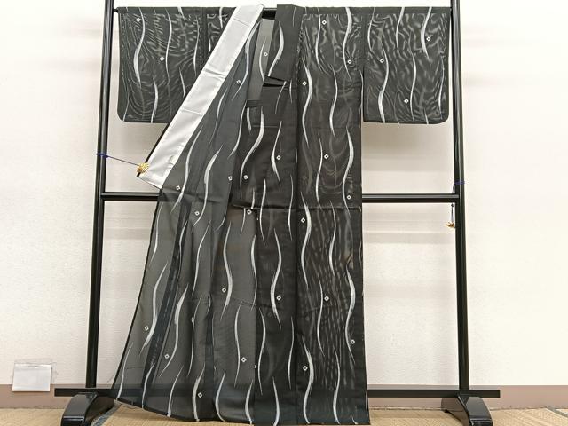 平和屋着物＊夏物　小紋　絽　流線文　黒地　洗える着物　BAAY4363hv