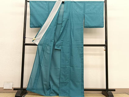 平和屋着物＊夏物　色無地　絽　青碧色　洗える着物　BAAY4398hv