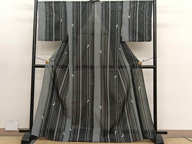 平和屋着物＊夏物　小紋　絽　猫有職文　黒地　洗える着物　BAAY4431hv