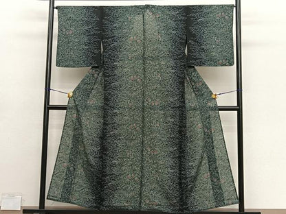 平和屋着物＊夏物　小紋　紗　草花文　黒地　洗える着物　BAAY4440hv