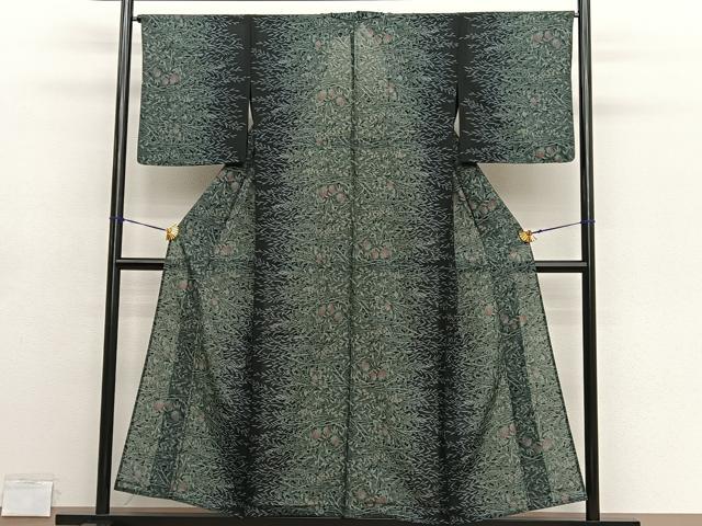 平和屋着物＊夏物　小紋　紗　草花文　黒地　洗える着物　BAAY4440hv