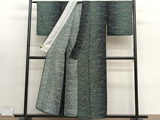 平和屋着物＊夏物　小紋　紗　草花文　黒地　洗える着物　BAAY4440hv