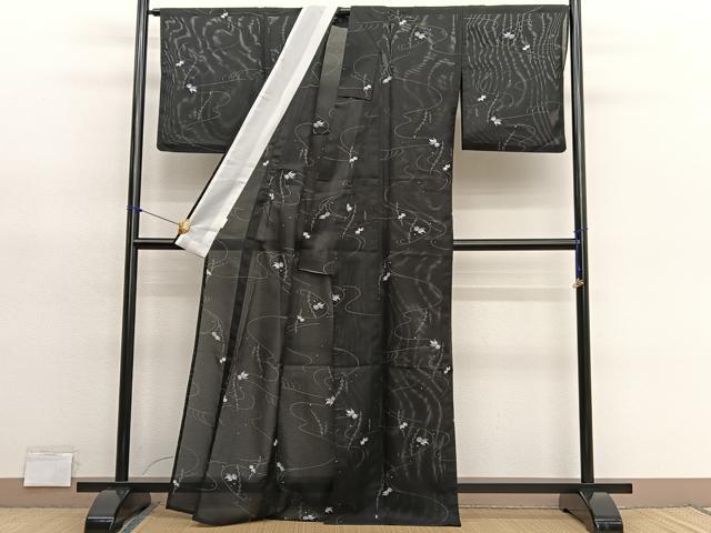 平和屋着物＊夏物　小紋　絽　金魚　黒地　洗える着物　BAAY4448hv