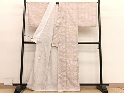 平和屋着物＊夏物　小紋　絽縮緬　麻の葉舞花文　暈し染め　洗える着物　BAAY4450hv
