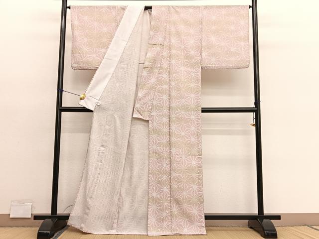 平和屋着物＊夏物　小紋　絽縮緬　麻の葉舞花文　暈し染め　洗える着物　BAAY4450hv