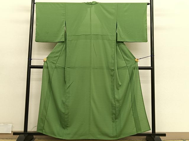 平和屋着物＊夏物　色無地　絽縮緬　草色　洗える着物　BAAY4453hv