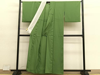 平和屋着物＊夏物　色無地　絽縮緬　草色　洗える着物　BAAY4453hv