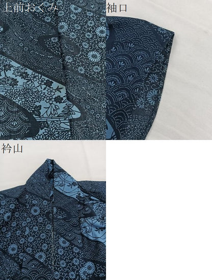平和屋着物＊夏物　小紋　紗　藍　型染め　流水有職花文　洗える着物　BAAY4465hv