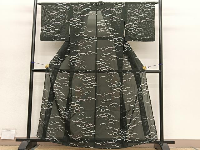 平和屋着物＊夏物　小紋　絽　雪芝文　黒地　洗える着物　BAAY4471hv