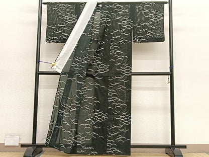 平和屋着物＊夏物　小紋　絽　雪芝文　黒地　洗える着物　BAAY4471hv