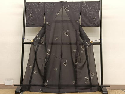 平和屋着物＊夏物　小紋　絽　飛び兎笹丸文　黒地　洗える着物　BAAY4482hv
