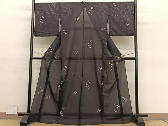 平和屋着物＊夏物　小紋　絽　飛び兎笹丸文　黒地　洗える着物　BAAY4482hv