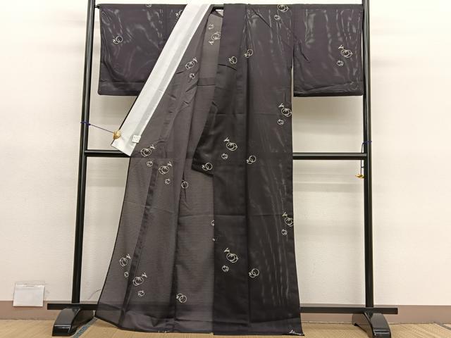 平和屋着物＊夏物　小紋　絽　飛び兎笹丸文　黒地　洗える着物　BAAY4482hv
